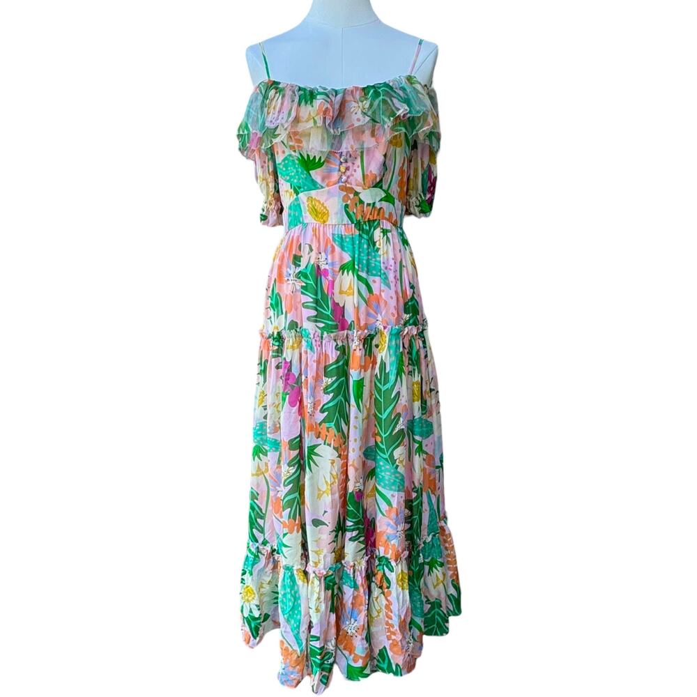 Jessie Liu Silk Summer Floral Tiered Ruffled Midi Dress Resort Pink NWT Small